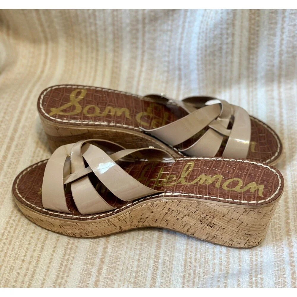 Sam Edelman Women Size 9.5 Nude Raynere Patent Cork Wedge Slip On Sandals